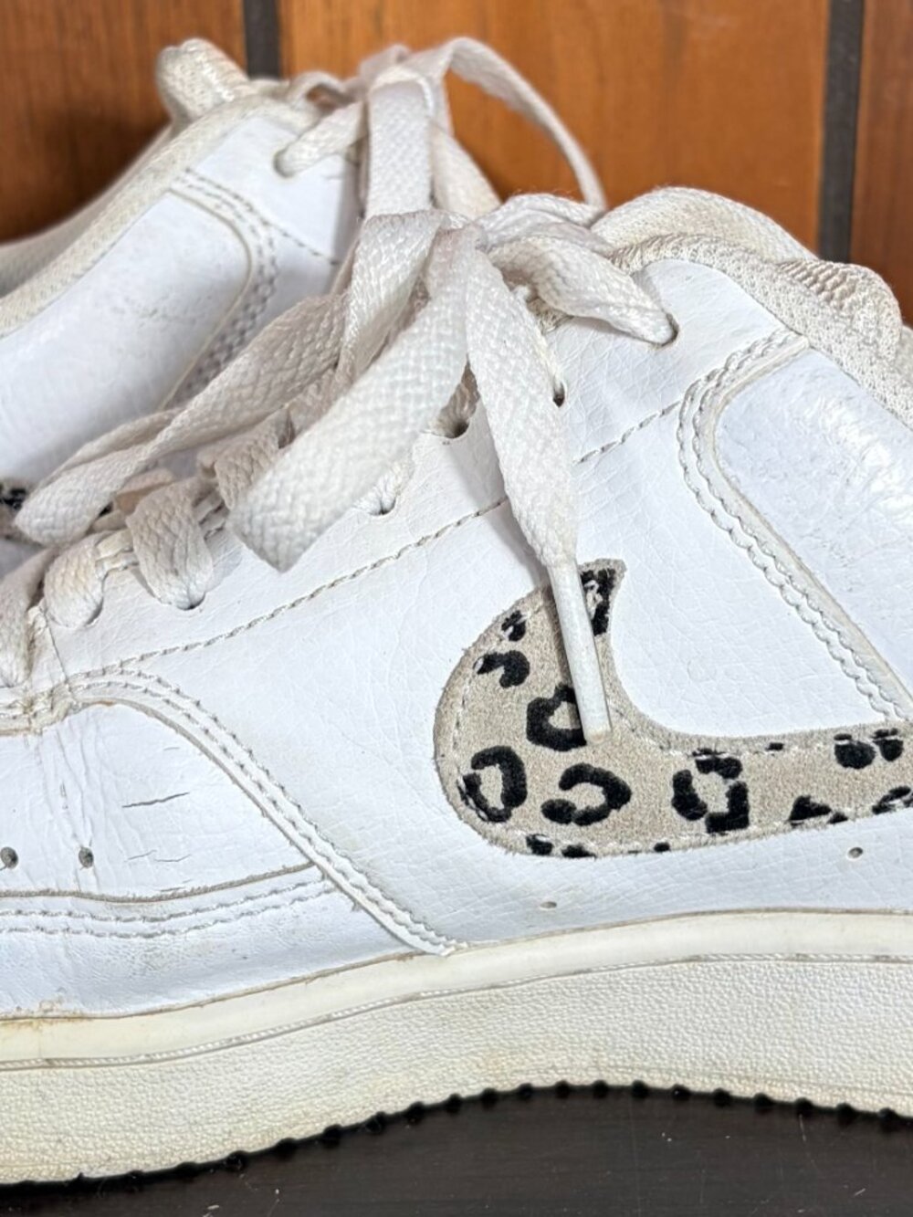 Size 9 - Nike Court Vision Low Leopard Swoosh - White Womens Sneakers - Picture 4 of 11